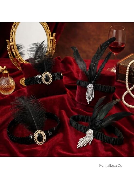48 Pack 1920s Flapper Headbands Ostrich Feathers Sequins Rhinestones, Stretchy,